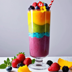 **A vibrant rainbow smoothie with layered colorful fruits in a tall glass, decorated with edible flowers and berries, showcasing a visually appealing and healthy treat.**