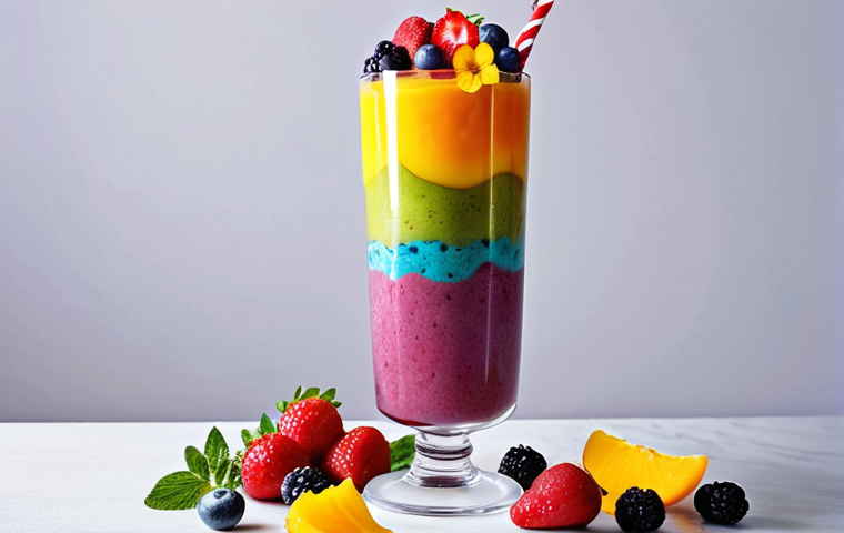 **A vibrant rainbow smoothie with layered colorful fruits in a tall glass, decorated with edible flowers and berries, showcasing a visually appealing and healthy treat.**